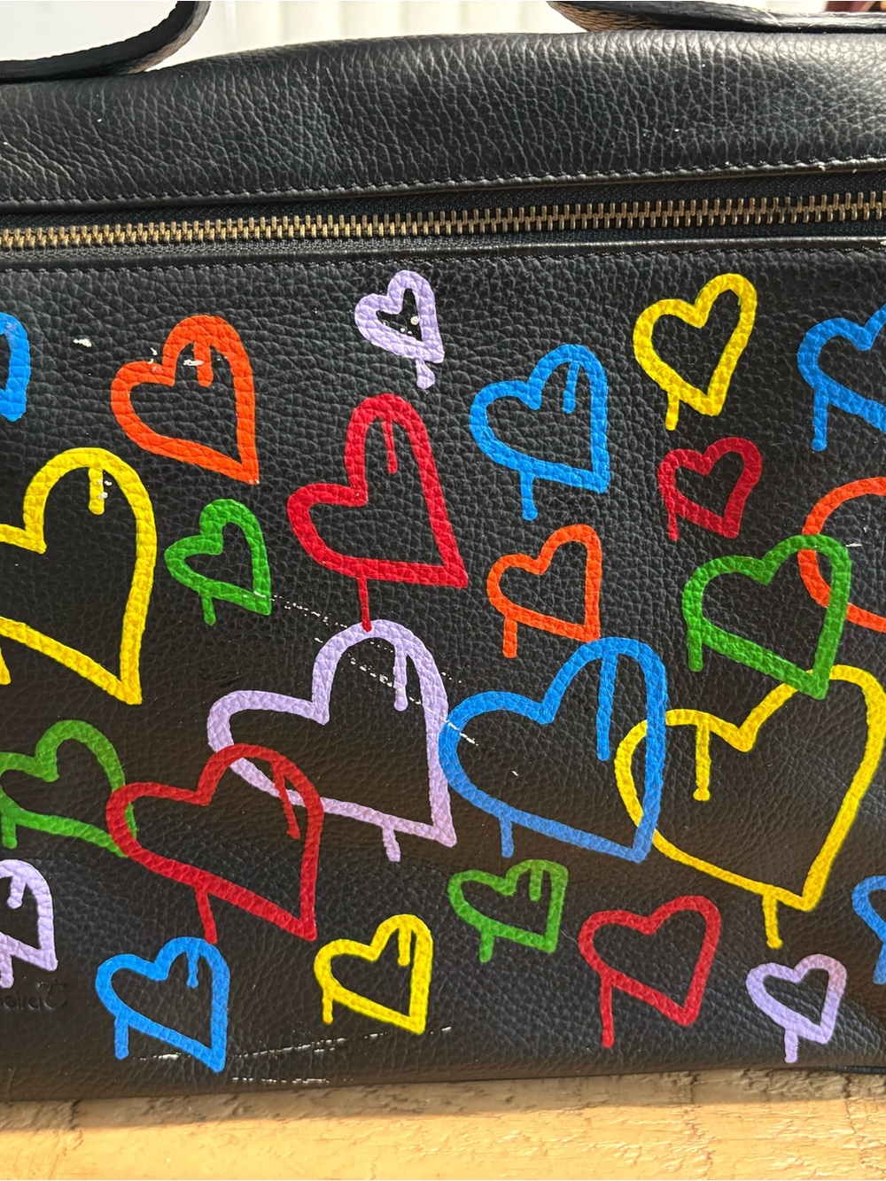Meira T Black Leather Tote with Multicolor Heart Graffiti